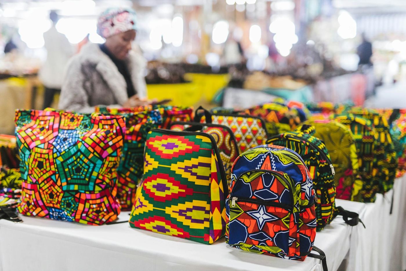 Handbags arranged on a display table